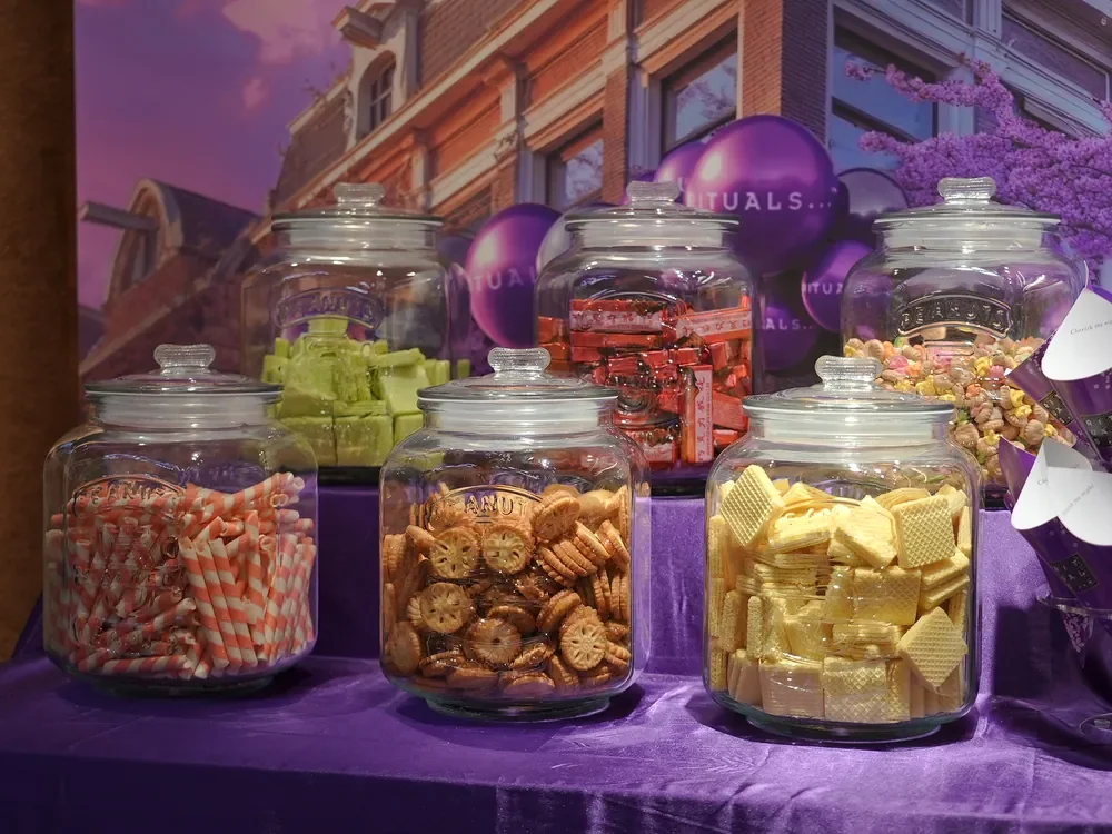 Glass jars of biscuits and sweets on a Rituals display